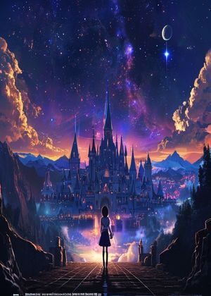 剧场版动漫电影封面，宏大奇幻世界观，少女站在星空下的古老城堡前，画面震撼壮阔，涩涩动漫网剧场版