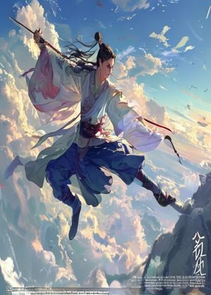 国漫精品封面，国风武侠少年身着汉服御剑飞行于云端，画面写意唯美，涩涩动漫网国漫专区